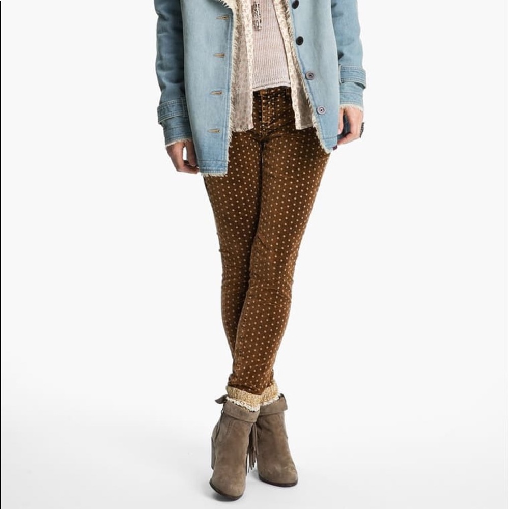 Free People Velvet Pants Brown with Cream Dots 28